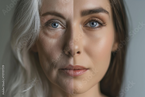 Beautiful woman's face, half young girl, half old woman. Before and after concept