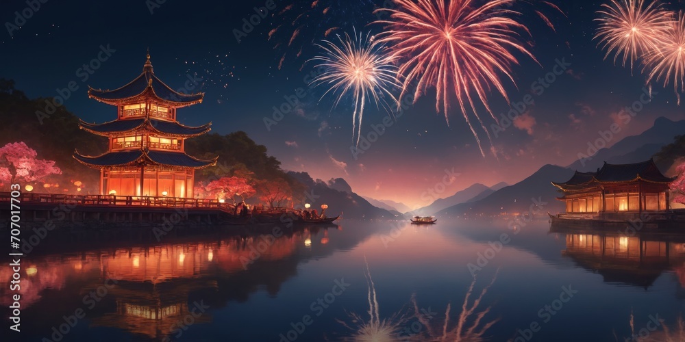 Fototapeta premium Chinese temple with cherry blossom in the night