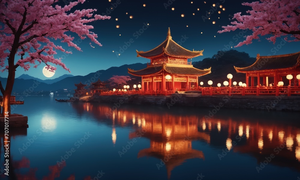 Obraz premium Cherry blossom and chinese temple at night with moonlight