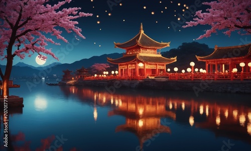 Cherry blossom and chinese temple at night with moonlight