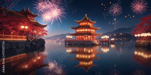 Chinese temple with cherry blossom in the night