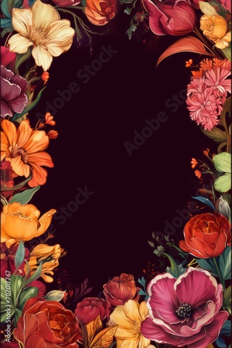 Frame with colorful flowers on maroon background © Celina