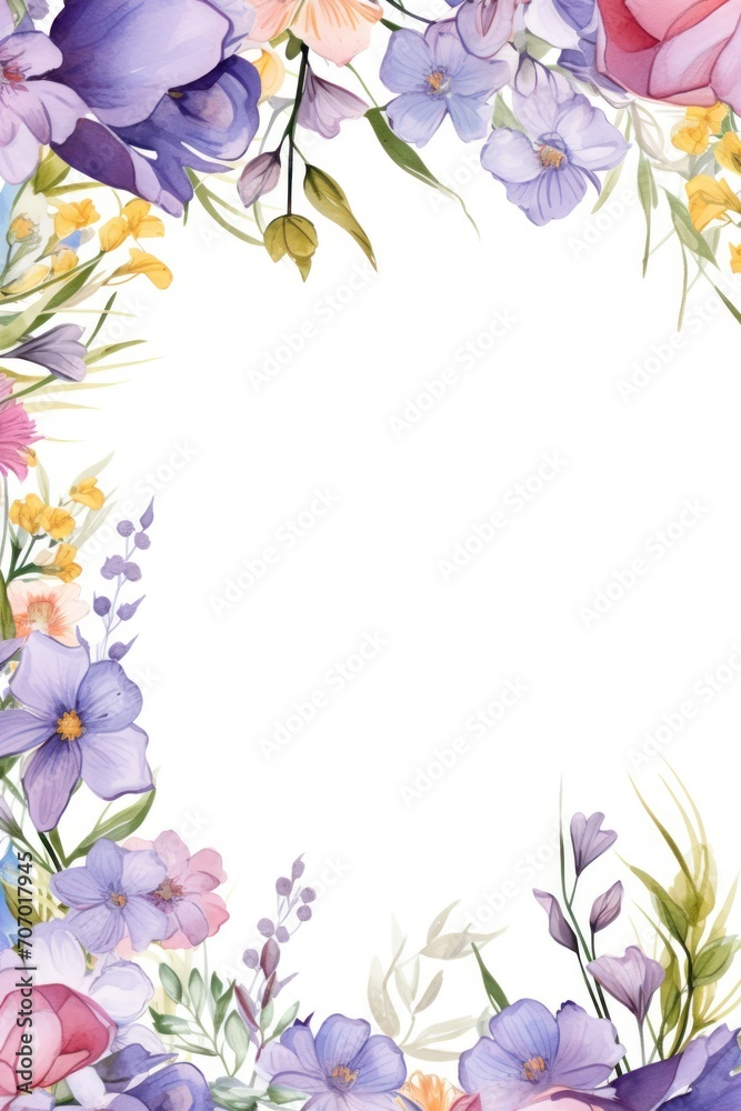 Frame with colorful flowers on lavender background