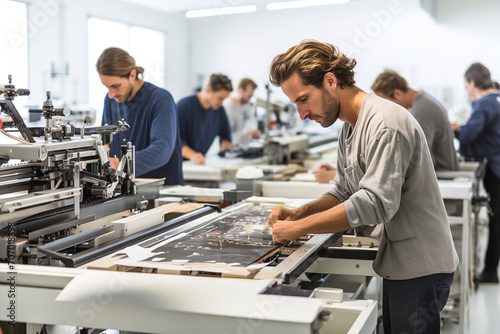 A group of men working on large printers in a factory. Printing industry machines. Plotter for large prints. photo