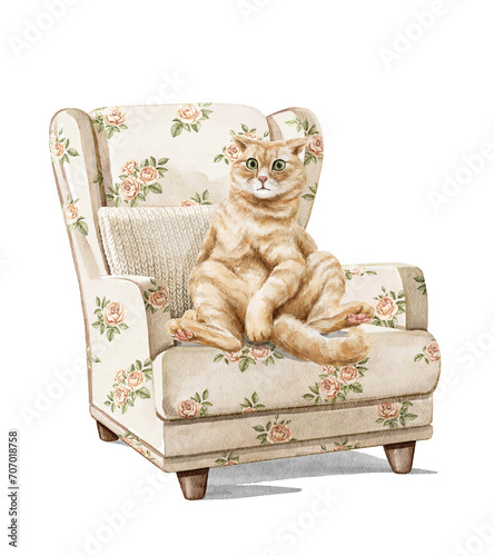 Watercolor composition with cute little ginger cat kitten character sitting on armchair with floral pattern isolated on white background. Hand drawn illustration sketch photo