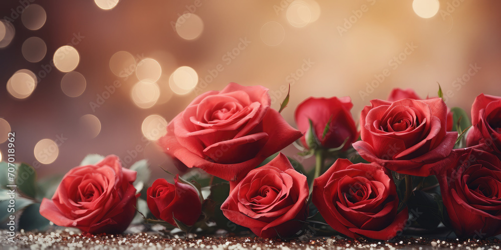 Beautiful red roses on a golden bokeh background.Holiday card, background for birthday, wedding, Valentine's day, Mother's day. Banner. Copy space for text Beautiful red roses on a golden bokeh background.Holiday card, background for birthday, wedding, Valentine's day, Mother's day. Banner. Copy space for text