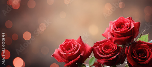 Beautiful red roses on a golden bokeh background.Holiday card, background for birthday, wedding, Valentine's day, Mother's day. Banner. Copy space for text © syhin_stas
