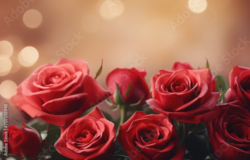 Beautiful red roses on a golden bokeh background.Holiday card  background for birthday  wedding  Valentine s day  Mother s day. Banner. Copy space for text