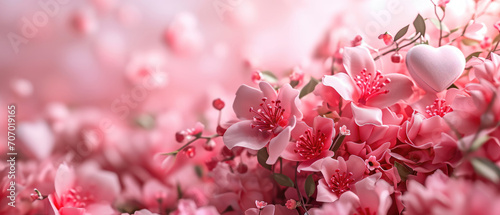 Bouquet of pink flovers and hearts on pink background. Mother's day, Valentines Day, Birthday celebration concept. Greeting card. Copy space for text