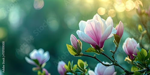 Soft pink spring flowers in the sunlight, tree blossoms, morning 