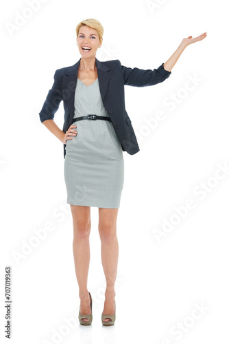 Announcement, space or hand of businesswoman in studio for loan offer or presentation mockup. Palm, white background or happy financial advisor showing a sales discount, ads promotion or investment