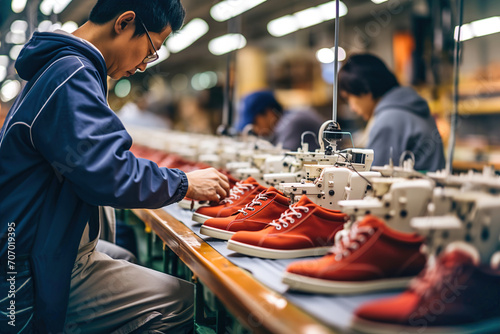 A man working on a pair of shoes in Asian shoe factory.