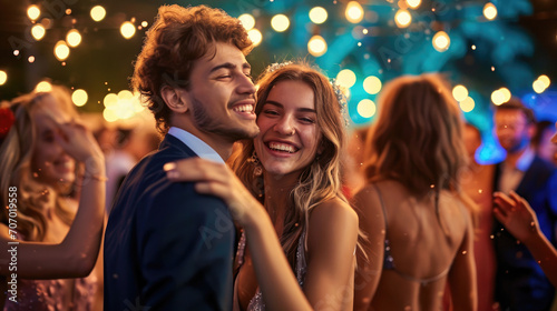 Photo portrait of carefree people together dancing at prom party having fun time wearing formal beautiful chic clothes