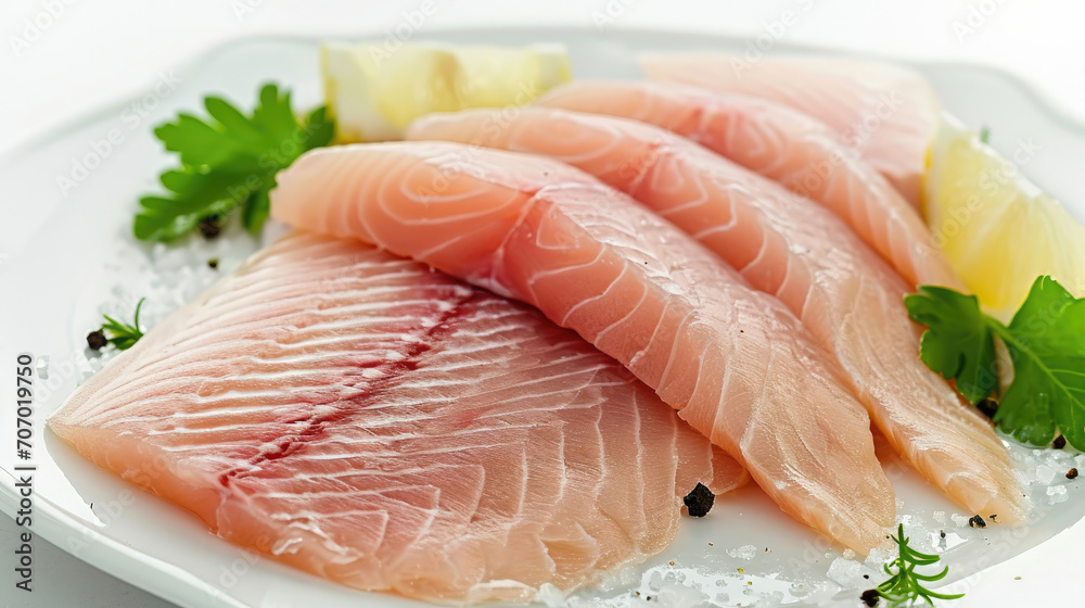 Raw tilapia fillet fish isolated on white background for cooking food / Fresh fish fillet sliced for steak Raw tilapia fillet fish isolated on white background for cooking food / Fresh fish fillet sliced for steak