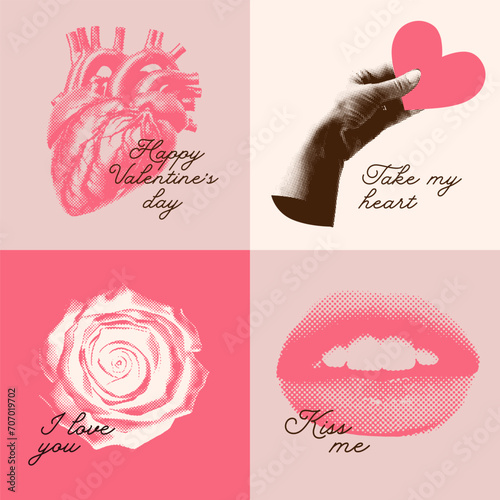 Halftone collage valentine day set with greeting texts. Human heart, rose, mouth and hand holding heart shape Valentine card. Trendy vector illustration