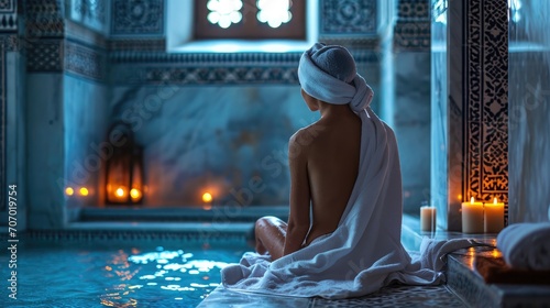 Beautiful young woman wearing a white towel sitting on a hot stone in hamam, sauna. Concept of relax, vacation, wellness center. photo