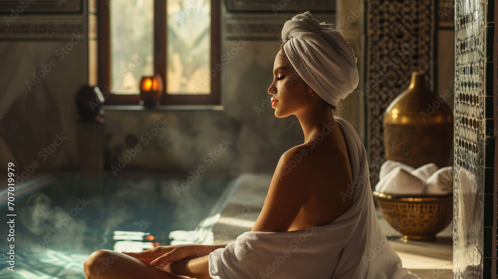 Beautiful young woman wearing a white towel sitting on a hot stone in hamam, sauna. Concept of relax, vacation, wellness center. - obrazy, fototapety, plakaty 