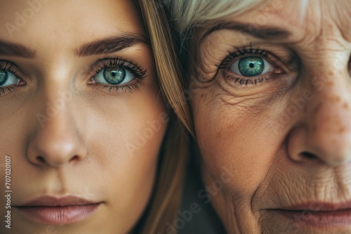 Beautiful young and senior women face to face. Before and after concept