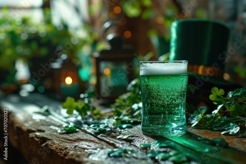  Man's hand holding a glass of beer on a blurred bokeh background with copy space. Group of friends drinking beer and having fun. Irish Pub. Saint Patrick's Day Concept