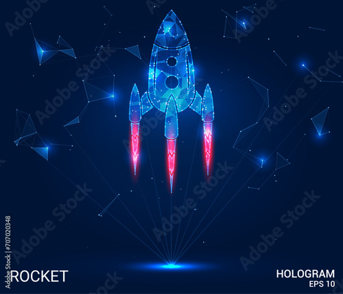 Cosmic Journey: Poly-Mesh Hologram and Vector Rocket. This rocket design merges holographic motifs with vector graphics, symbolizing pioneering space exploration.