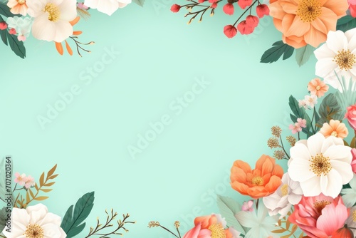 Frame with colorful flowers on mint green background