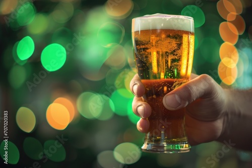  Man's hand holding a glass of beer on a blurred bokeh background with copy space. Group of friends drinking beer and having fun. Irish Pub. Saint Patrick's Day Concept