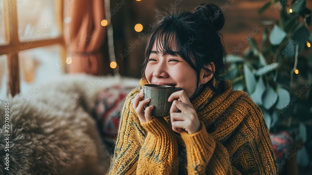 A joyful woman in a yellow sweater is holding a cozy mug, surrounded by warm ambient light. - obrazy, fototapety, plakaty 
