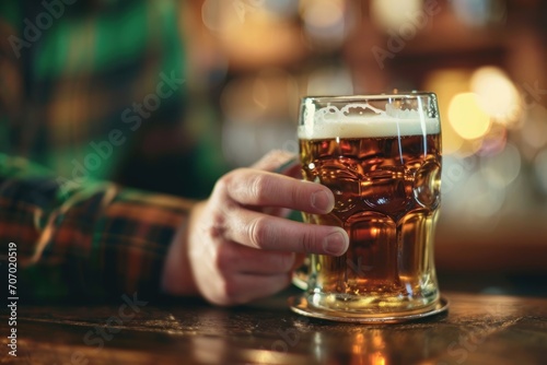  Man's hand holding a glass of beer on a blurred bokeh background with copy space. Group of friends drinking beer and having fun. Irish Pub. Saint Patrick's Day Concept