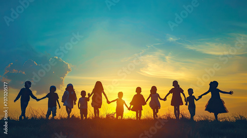 Silhouette back refugee kid group.Responsible.Kid child boy and girl worship.World kids day  Pray and worship  Hope  freedom  Diverse  Faith.World refugee day.Juneteenth kid.Friends.Potential unlock.