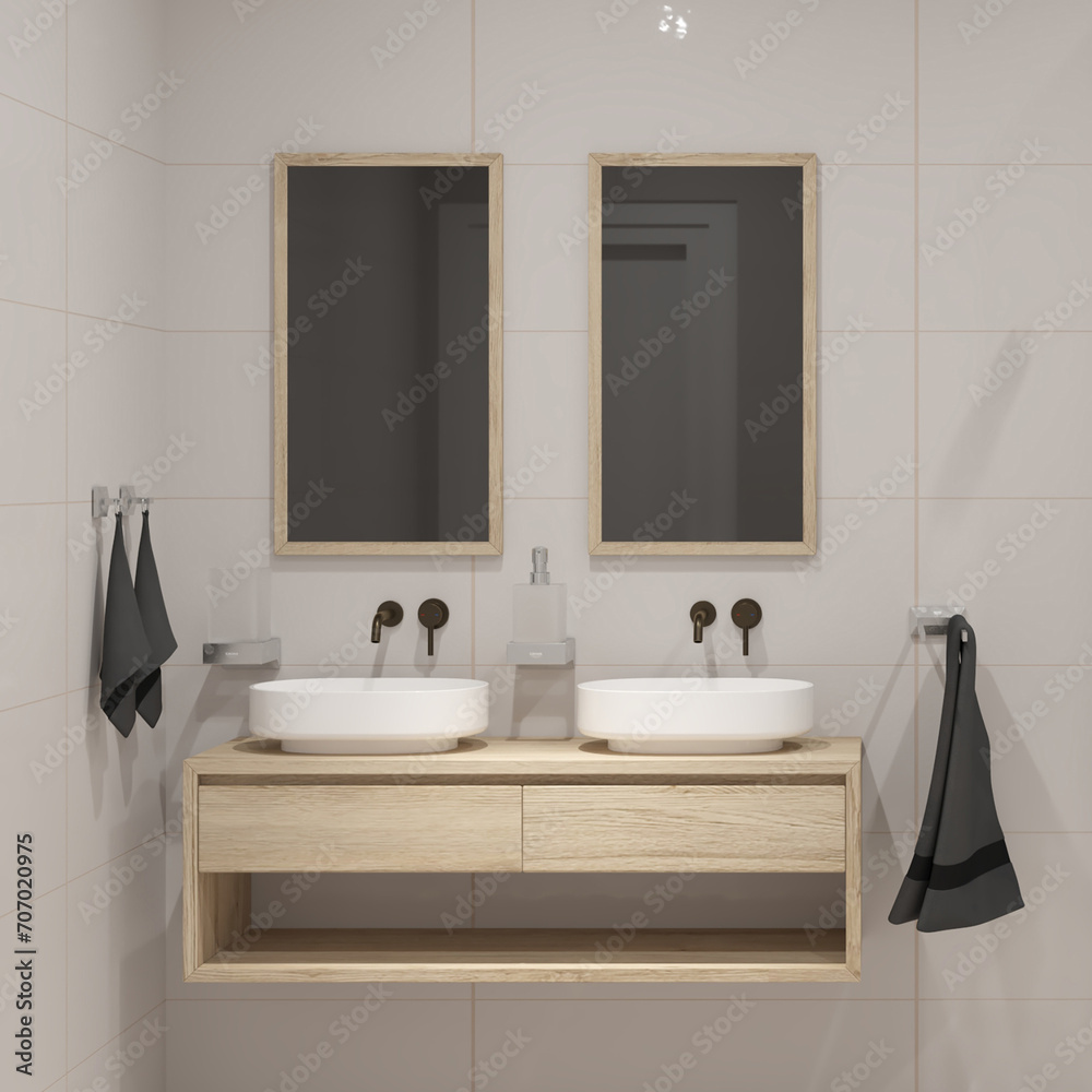 Modern bathroom design with two sinks and white tiles 3d render. Modern bathroom design with two sinks and white tiles 3d render.