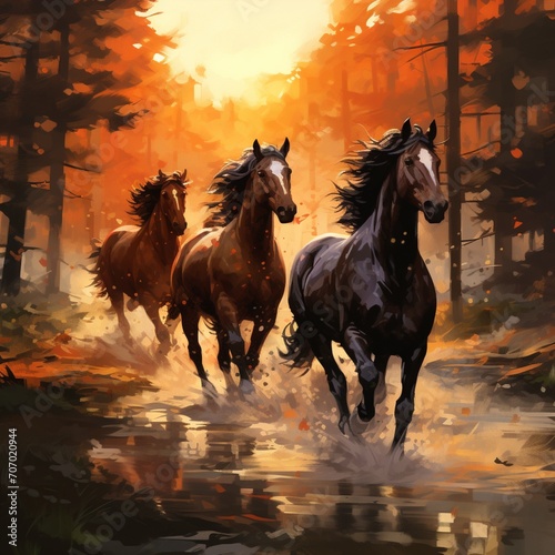Beautiful horses running forest sunset render picture Ai generated art