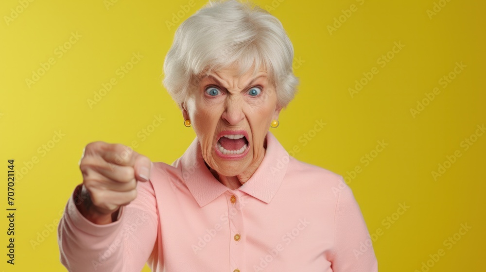 A Stock Image Featuring an Angry Gray-Haired Lady in Yellow Sweater Spreading Hands, Screaming and A Stock Image Featuring an Angry Gray-Haired Lady in Yellow Sweater Spreading Hands, Screaming and