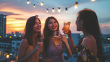 Beautiful Asian women partying in rooftop bar and toasting drinks at sunset. Happy young people enjoying drinks on rooftop in evening. Concept about women night out.