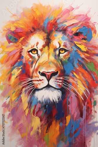 Animal portrait head art - Colorful abstract oil acrylic painting of colorful lion  pallet knife on canvas. Print on canvas or download