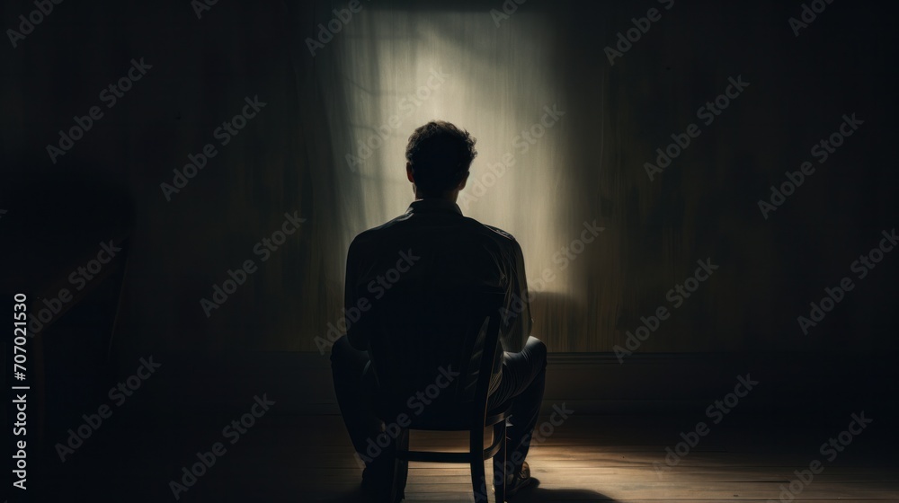 depicted by a solitary man contemplating by a window in a dimly lit room, emphasizing the