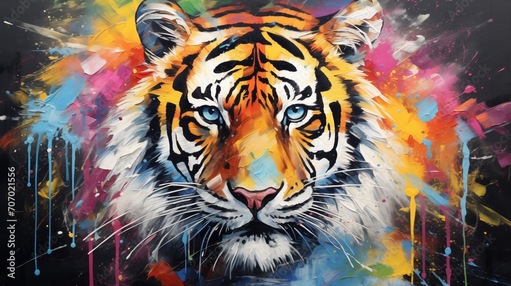 Animal head, portrait, art - Colorful abstract oil acrylic painting of colorful tiger, pallet knife on canvas. Print on canvas or download