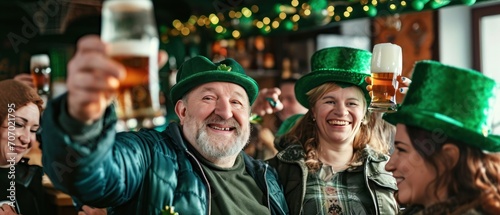 People Celebrating St Patrick's Day in a Irish Beer Pub in a leprechaun costumes. Saint Patrick's Day Concept with Copy Space. Group of friends drinking beer and having fun in a Irish Pub. St. Patrick