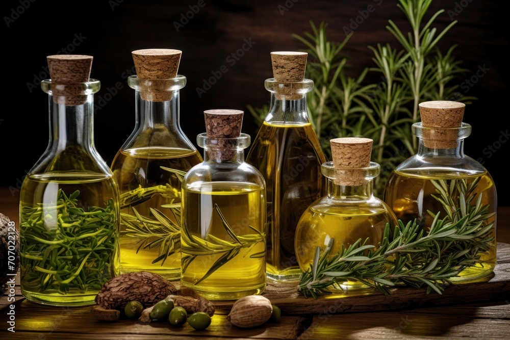 Olive oil in glass bottle with herbs. Wooden background. Olive oil in glass bottle with herbs. Wooden background.