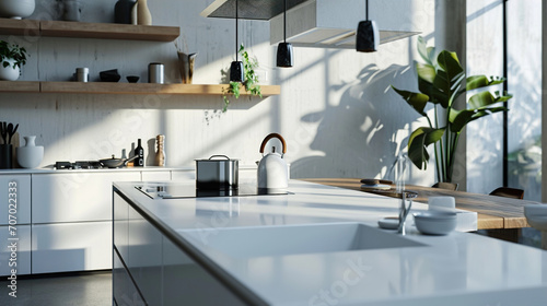 Utilizing the minimalist charm of vacant kitchen countertops for promotional visuals, allowing products or messages to take center stage. Copy Space. photo