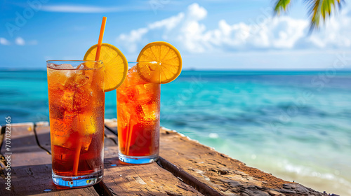 Tropical cocktails on beach table with sea in background. Summer vacation.