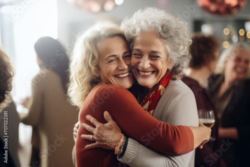 Elderly woman, energetic senior, happy embrace at party, bonding
