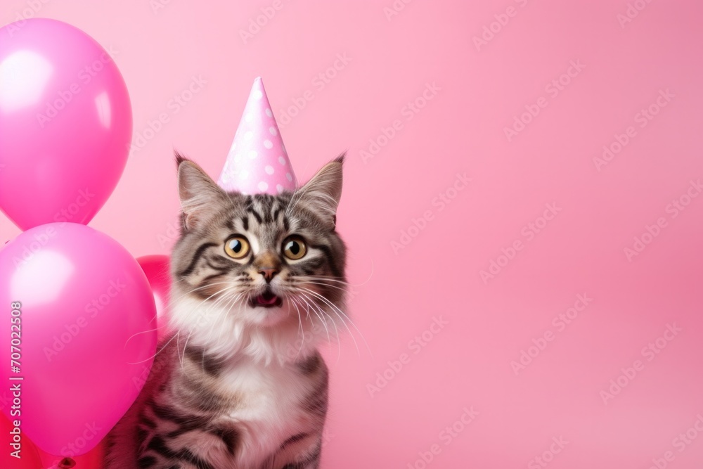 cat with an open mouth wearing a party hat and balloons with copy space