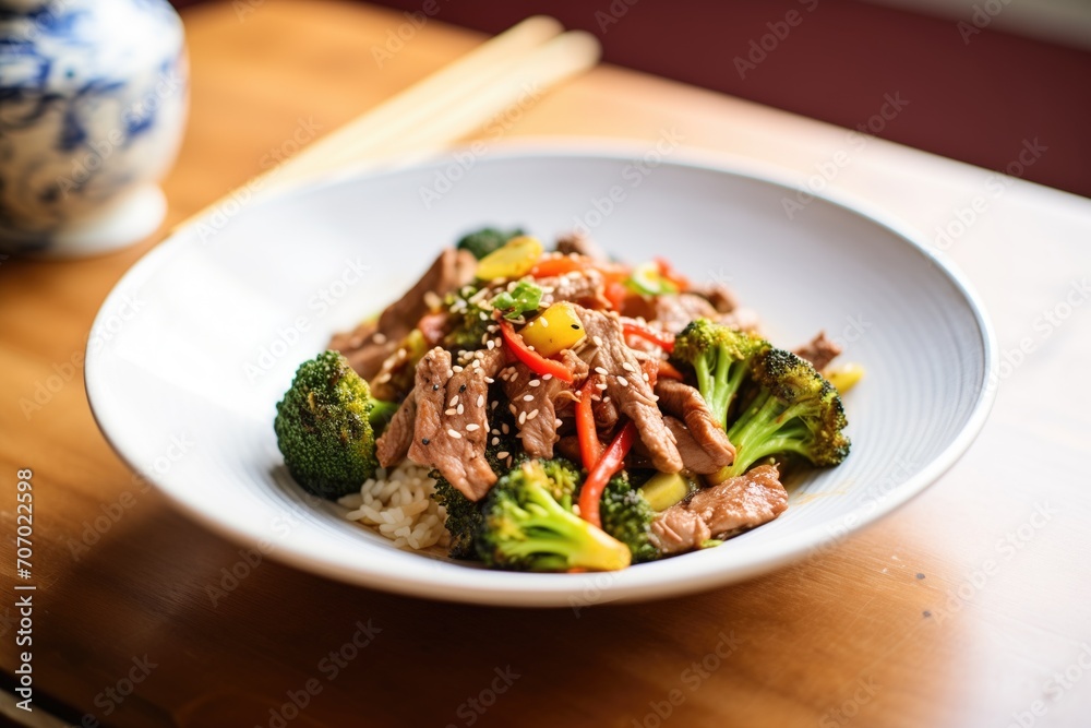 beef teriyaki stir-fry with peppers and broccoli florets beef teriyaki stir-fry with peppers and broccoli florets