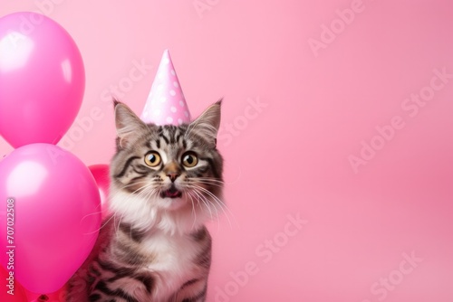 cat with an open mouth wearing a party hat and balloons with copy space