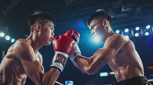 Two asian young professional boxer having a competition tournament on stage. Attractive male athlete fighters muscular shirtless punches 