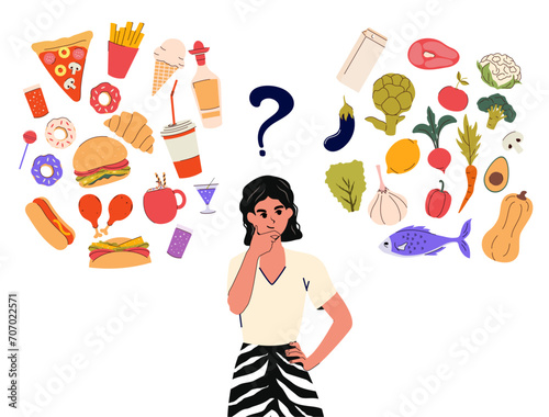 Woman chooses between healthy and unhealthy food. Diet. Flat style and character. Nutrition concept. Diet and dietetics. Vector illustration. Balanced. Comparisons of junk food and organic food. Menu