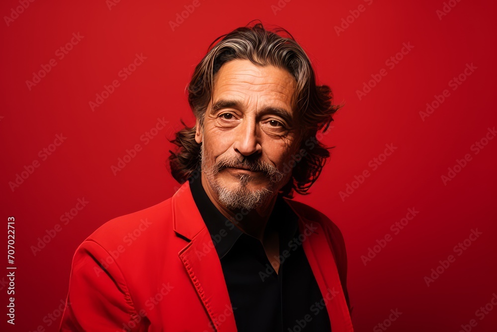 Handsome middle aged man with long hair and a red jacket on a red background Handsome middle aged man with long hair and a red jacket on a red background