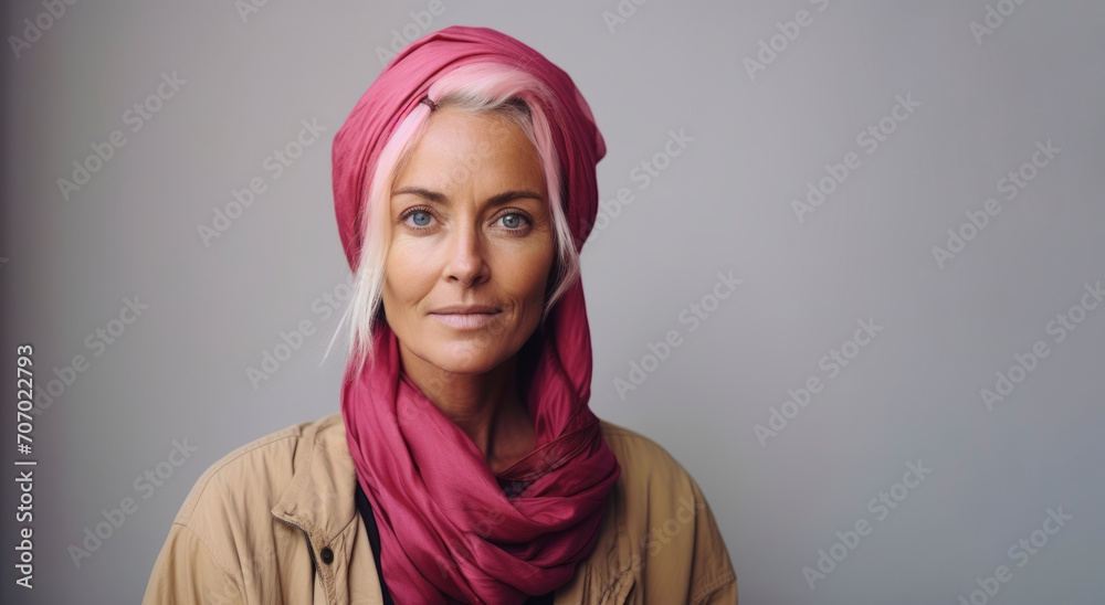 Portrait of a beautiful woman with pink hair wearing a headscarf. Portrait of a beautiful woman with pink hair wearing a headscarf.