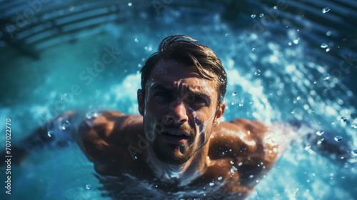 Close up of a swimmer face under the water in a pool. Handsome and strong body. Water sports concept. Generative AI © AngrySun