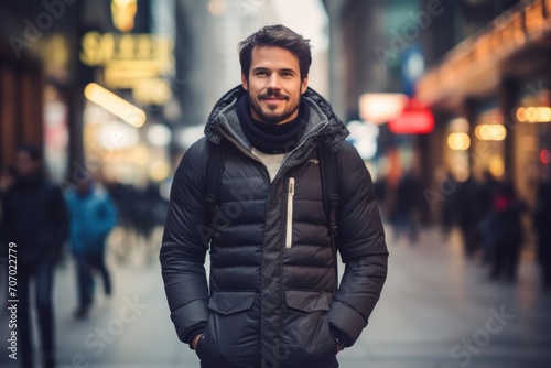 Handsome young man in winter jacket walking in the city
